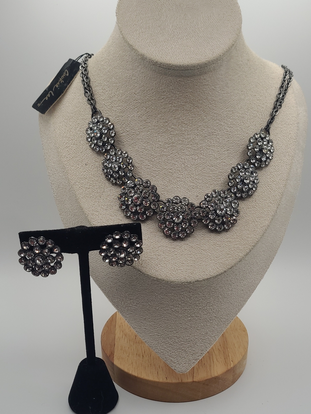 Cookie Lee Crystal Floral Statement Necklace and Earrings Set - Gunmetal